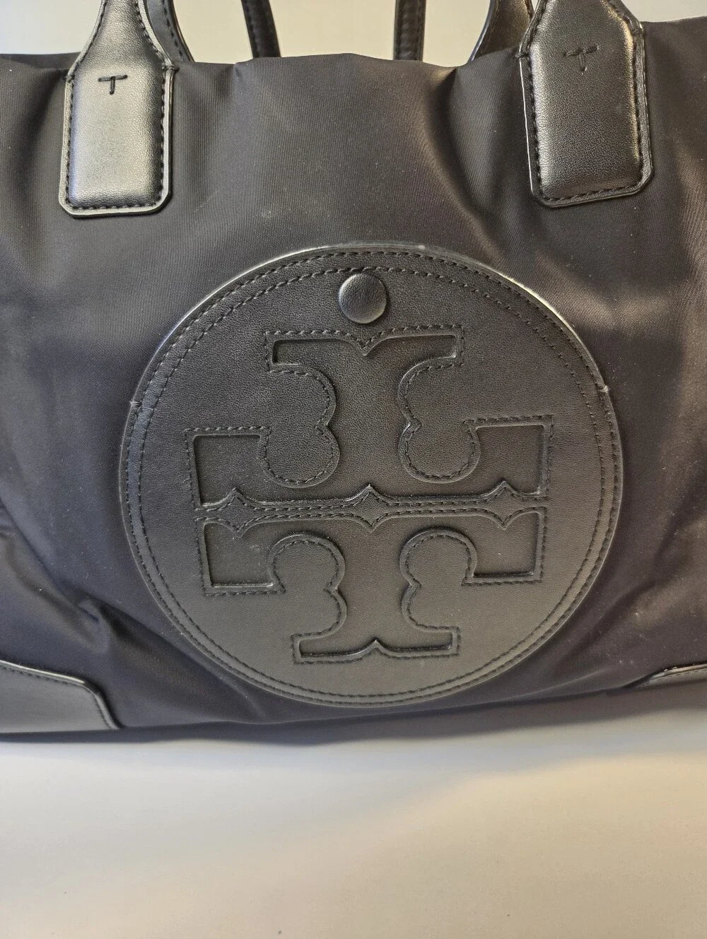 Tory Burch Ella Black Nylon Leather Tote Bag Authentic Logo Design